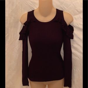 Pink Rose Cold Shoulder Ruffle Burgundy Sweater